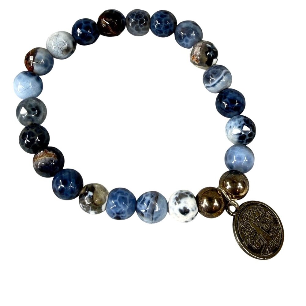 Blue Agate Beaded Bracelet Tree Of Life Charm Stretch Silver Tone Accent Beads
